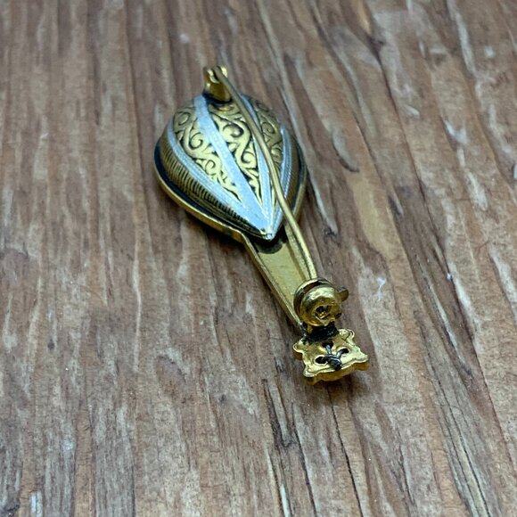 Spanish Damascene Mandolin Vintage Gold Tone Brooch Pin - Picture 5 of 6